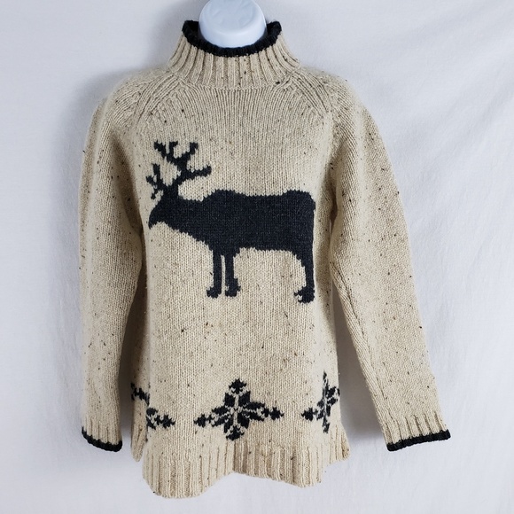 Eddie Bauer Sweater Wool Moc Neck Moose 